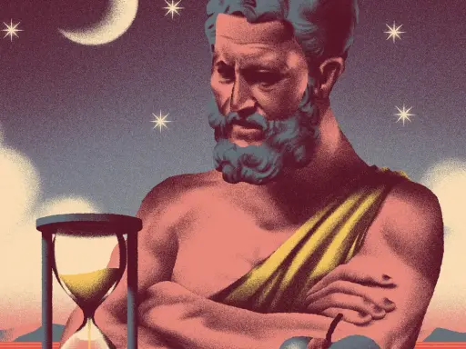 Der Gott Kairos, Sinnbild des rechten Augenblicks, blickt nachdenklich auf eine Sanduhr unter Sternenhimmel.