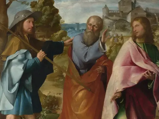 Pilger auf dem Weg nach Emmaus. Ein junger Mann mit Pilgerhut und Stab spricht mit einem älteren Mann, während ein dritter Mann in bunten Gewändern zuhört. Dies könnte die Szene sein, was passierte am Ostermontag.