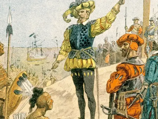 Europäische Entdecker treffen auf Ureinwohner, ein Moment der frühen kanada kolonie. Ein Anführer mit Schwert und Federhut spricht.
