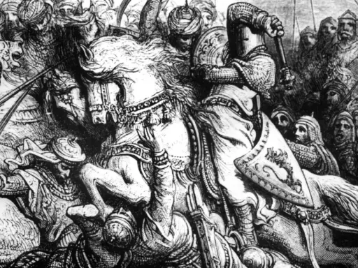 Ein Ritter, wie ein Gott des Krieges, erhebt seine Waffe im Kampf. Um ihn herum ein tobendes Schlachtfeld mit vielen Kriegern.