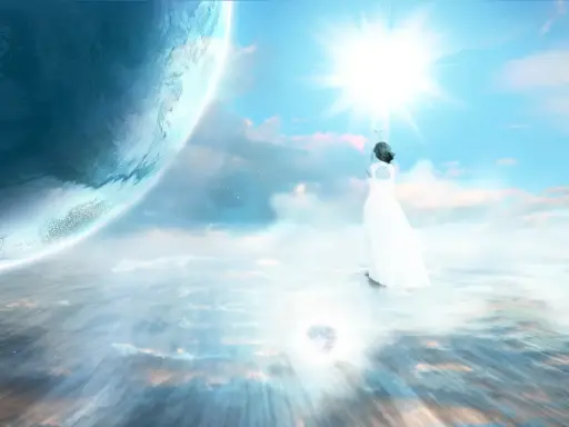 Eine Frau im weißen Kleid streckt die Hände zum Licht. Ein Planet im Hintergrund. Nach dem Tod kommt nichts, nur Leere und Licht.