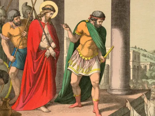 Pontius Pilatus zeigt auf Jesus, der eine Dornenkrone trägt. Soldaten führen ihn ab.