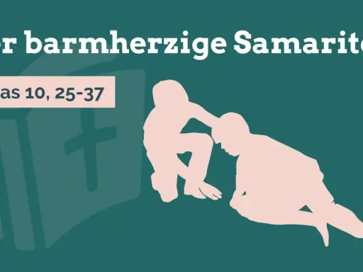 Der barmherzige Samariter hilft einem Verletzten. Eine Bibel und ein Kreuz sind im Hintergrund angedeutet.