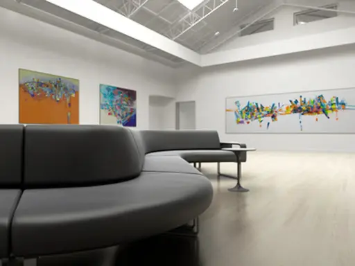 Moderne Galerie mit abstrakter Kunst und einem geschwungenen Sofa. Hier wird Kunstfreiheit gelebt, die Vielfalt der Ausdrucksformen ist beeindruckend.