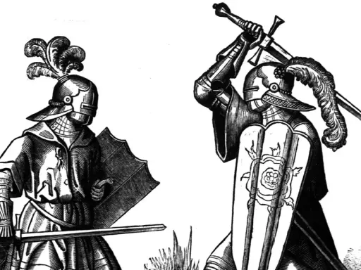 Zwei Ritter in voller Rüstung mit Federschmuck auf den Helmen und Schwertern in den Händen. Ein Kampf, der zeigt, wie wurde man ritter.