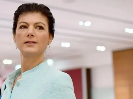 Sahra Wagenknecht, deren Herkunft oft diskutiert wird, blickt nachdenklich in die Ferne. Sie trägt ein hellblaues Jackett.