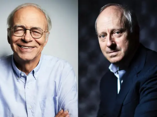 Zwei Männer, einer lächelnd mit Brille, der andere im Anzug, erinnern an die Gedanken von Michael Sandel zur Gerechtigkeit.