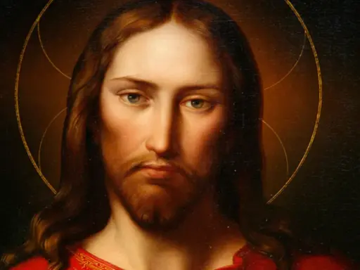 Porträt von Jesus von Nazareth mit Heiligenschein und rotem Gewand. Sein Blick ist nachdenklich und sanft.