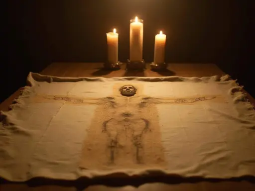 Das Leichentuch Jesu, mit Kerzenlicht beleuchtet, zeigt die Abbildung eines Mannes mit ausgebreiteten Armen.