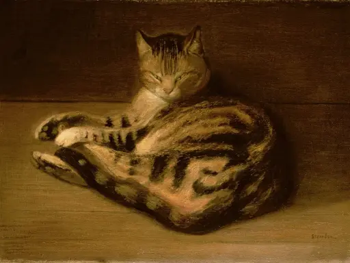Ein gestreifter Kater ruht sich aus, gemalt von Theophile Steinlen.
