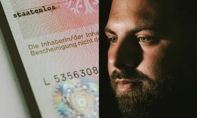 Ein Mann mit Bart und grünen Augen blickt nachdenklich. Daneben ein Dokument mit dem Aufdruck "staatenlos".