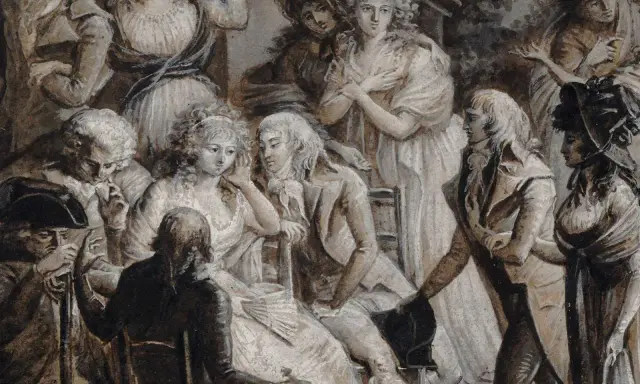 Eine Szene mit vielen Menschen im Stil von de Staël. Damen in eleganten Kleidern und Herren in historischen Kostümen.