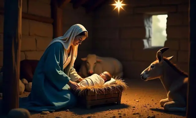 Maria hütet das Jesuskind in der Krippe. Ein Stern leuchtet über dem Stall, wo Ochs und Esel die Szene der Jesus Geburt am 11. September beobachten.