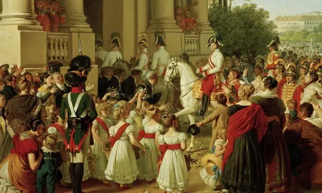 Kaiser Franz II. (Frankreich) auf weißem Pferd, umringt von jubelnden Menschen und Soldaten. Kinder reichen Blumen.