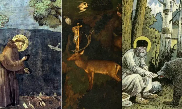 Heiliger Franziskus, der Schutzpatron der Tiere, füttert Vögel. Daneben ein Hirsch vor einem Kreuz und ein Mann mit einem Bären.