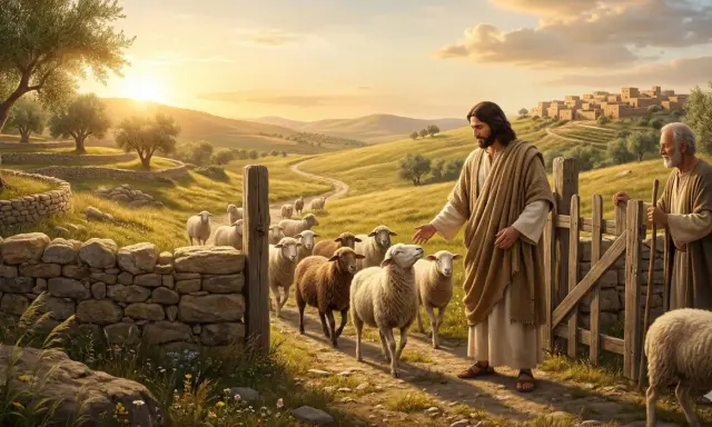 Jesus, der Herr, ist kein Hirte, sondern führt Schafe mit einem älteren Mann durch eine sonnige Landschaft.