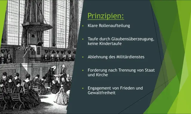 Historische Darstellung einer Kirche mit Predigtstuhl. Erläutert Prinzipien, die zeigen, was sind Mennoniten: Glaubenstaufe, Gewaltfreiheit, Trennung von Staat und Kirche.