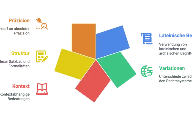 Diagramm zeigt Elemente des lateinischen Rechts: Präzision, Struktur, Kontext, lateinische Begriffe und Variationen.