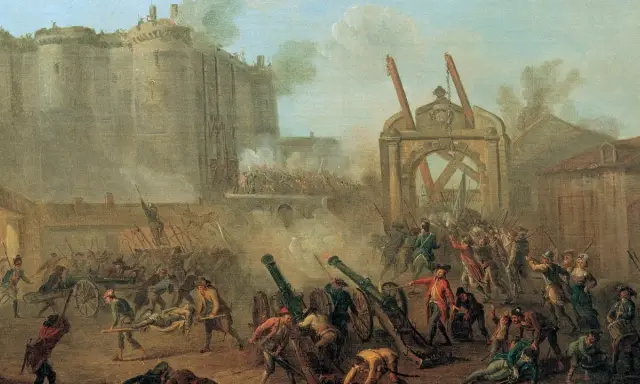 Sturm auf die Bastille, Paris, 17. Jahrhundert. Kanonen feuern, Menschen kämpfen vor der Festung.