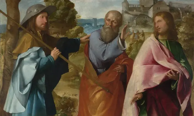Pilger auf dem Weg nach Emmaus. Ein junger Mann mit Pilgerhut und Stab spricht mit einem älteren Mann, während ein dritter Mann in bunten Gewändern zuhört. Dies könnte die Szene sein, was passierte am Ostermontag.