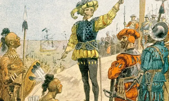 Europäische Entdecker treffen auf Ureinwohner, ein Moment der frühen kanada kolonie. Ein Anführer mit Schwert und Federhut spricht.