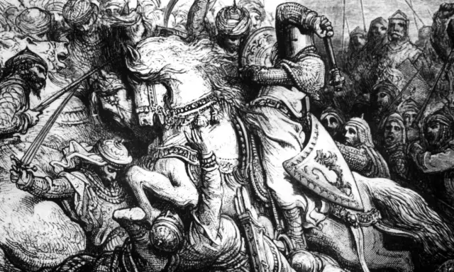 Ein Ritter, wie ein Gott des Krieges, erhebt seine Waffe im Kampf. Um ihn herum ein tobendes Schlachtfeld mit vielen Kriegern.