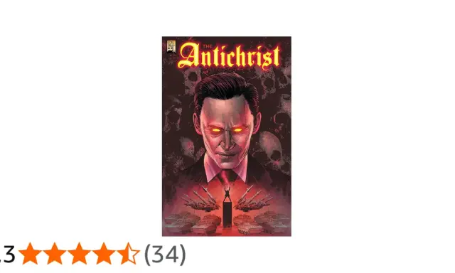 Comic-Cover: Ein Mann mit glühenden Augen, umgeben von Totenköpfen und Panzern. Die Bedeutung des Antichristen wird hier düster dargestellt.