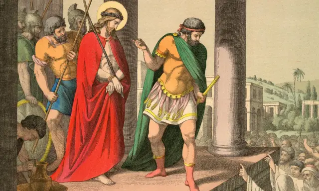 Pontius Pilatus zeigt auf Jesus, der eine Dornenkrone trägt. Soldaten führen ihn ab.