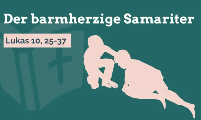 Der barmherzige Samariter hilft einem Verletzten. Eine Bibel und ein Kreuz sind im Hintergrund angedeutet.
