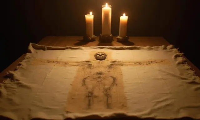 Das Leichentuch Jesu, mit Kerzenlicht beleuchtet, zeigt die Abbildung eines Mannes mit ausgebreiteten Armen.
