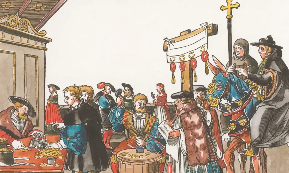 Szene aus dem luther thesen jahr: Geld wird gezählt, während eine Prozession mit Kreuz und Mönchen auf einem Pferd vorbeizieht.