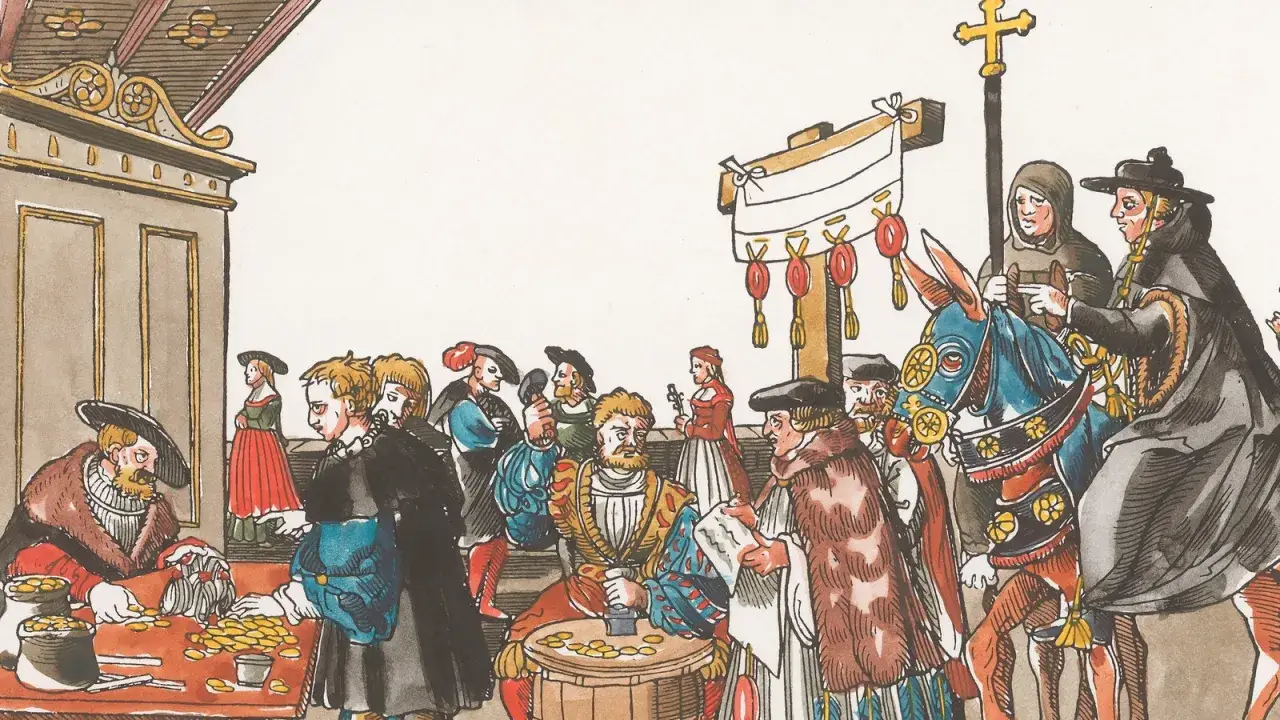 Szene aus dem luther thesen jahr: Geld wird gezählt, während eine Prozession mit Kreuz und Mönchen auf einem Pferd vorbeizieht.