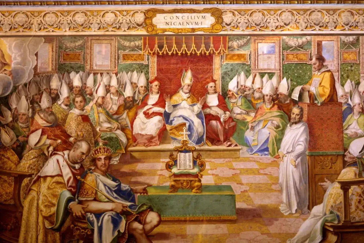 Konzil von Nicäa: Bischöfe in Mitra diskutieren, ob Jesus Gott ist. Ein Kaiser sitzt im Vordergrund.