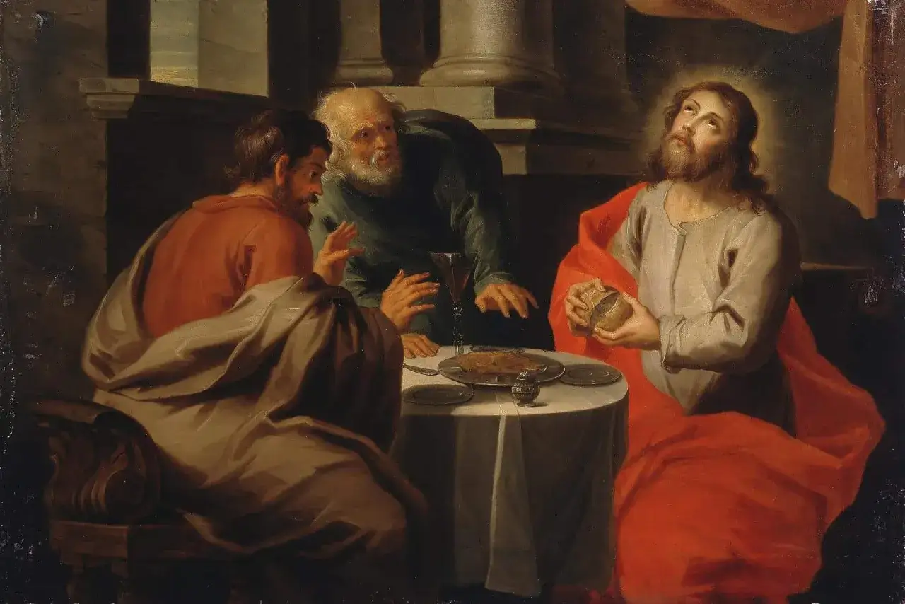 Jesus bricht das Brot mit seinen Jüngern. Sie erkennen ihn, was passierte am Ostermontag.