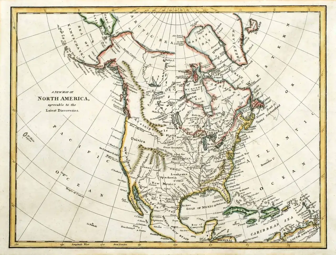 Alte Karte von Nordamerika, die die kanadische Kolonie und die neuesten Entdeckungen zeigt.