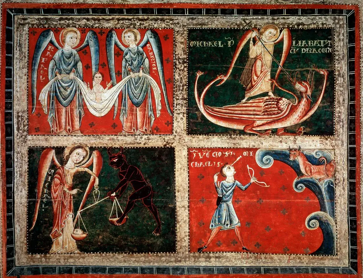 Vier Szenen zeigen Engel: Gabriel und Rafael tragen ein Kind, Michael kämpft gegen einen Drachen, Michael wiegt Seelen, und ein Bogenschütze. Die Frage, wie viele Erzengel es im Christentum gibt, wird hier nicht beantwortet.