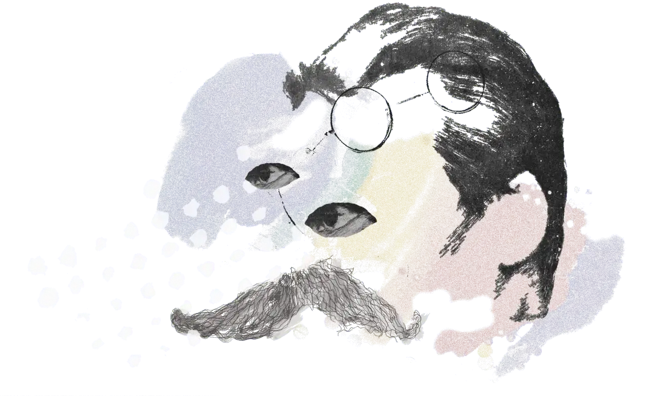 Surrealer Kopf mit Schnurrbart und Augen, wie ein verrückter, blonder Bestie.