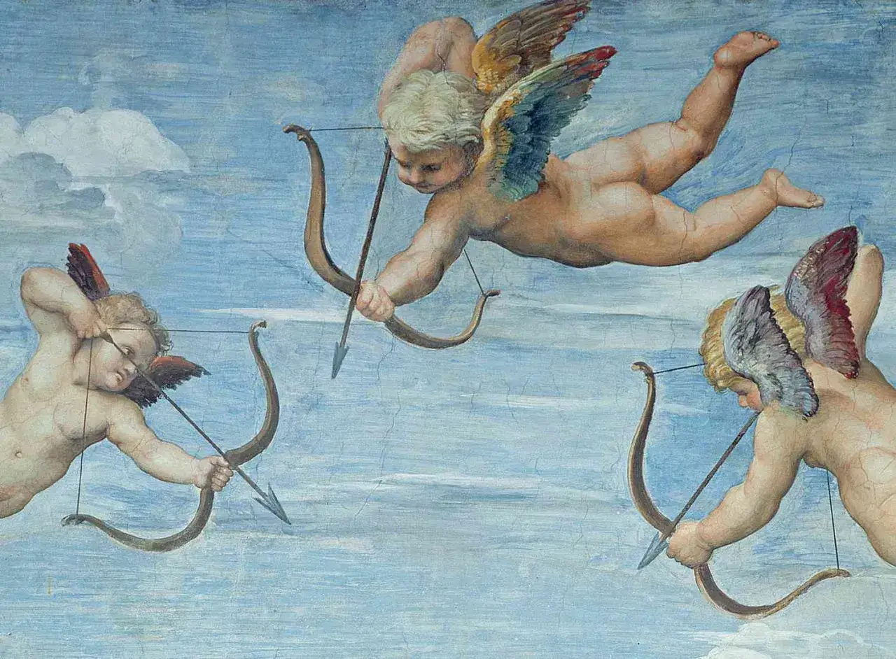 Drei geflügelte Putten mit Bögen und Pfeilen im Himmel. So sehen Engel wirklich aus, wenn sie Liebe verbreiten.