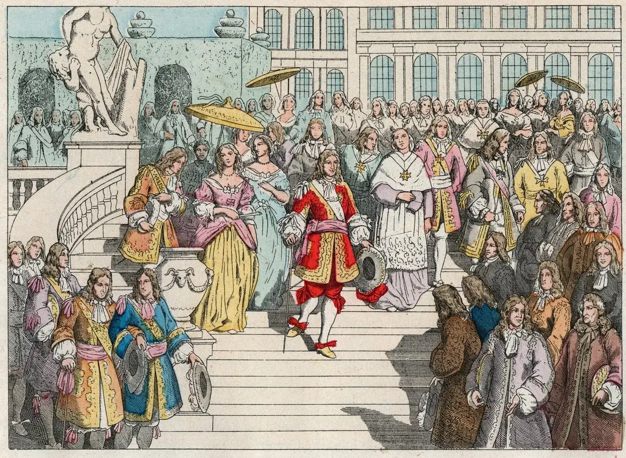 Eine Szene mit Ludwig XV. und seinen Kindern, die sich in prächtigen Gewändern auf einer Treppe versammeln.