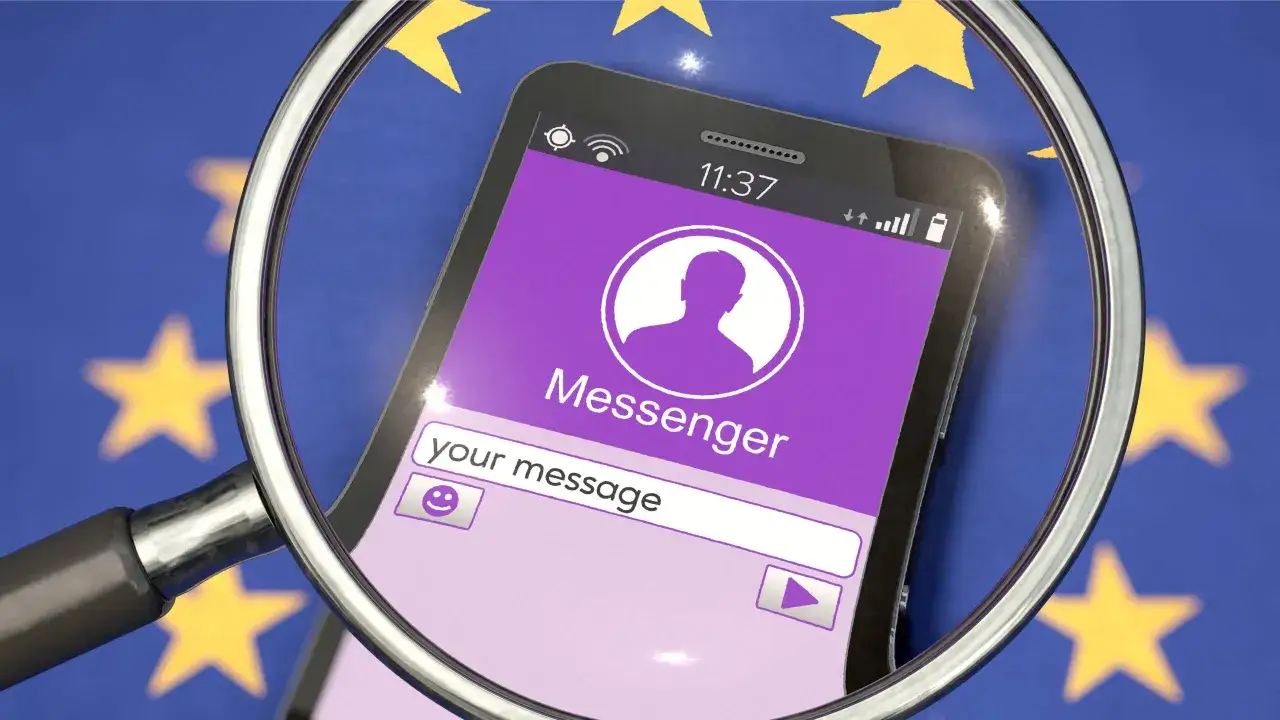 Lupe über Smartphone mit Messenger-App vor EU-Flagge. Die Chatkontrolle EU wird thematisiert.