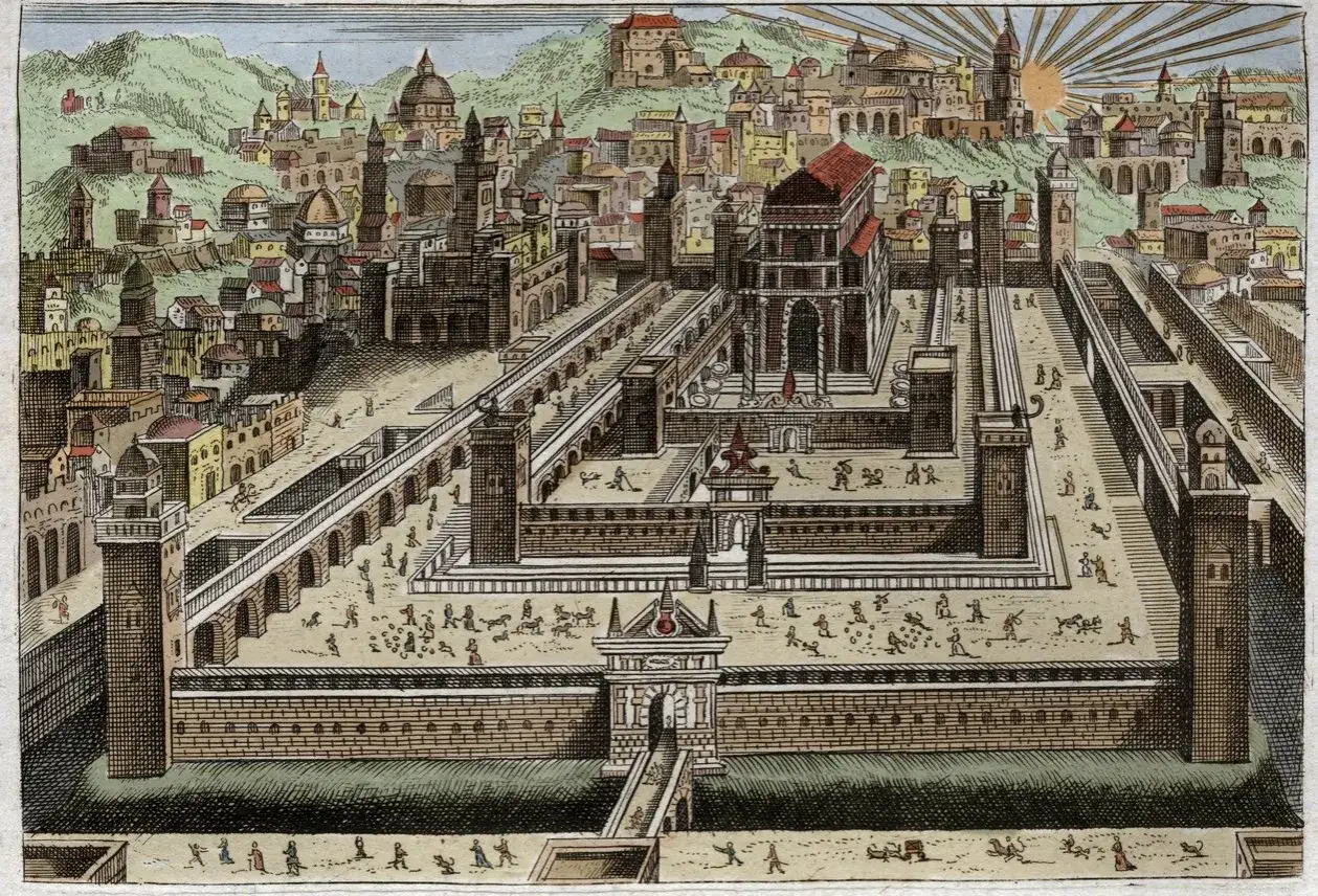 Historische Darstellung des Tempels von Jerusalem, wie er in der Salomon-Bibel beschrieben wird. Eine belebte Stadt mit vielen Gebäuden und Menschen.