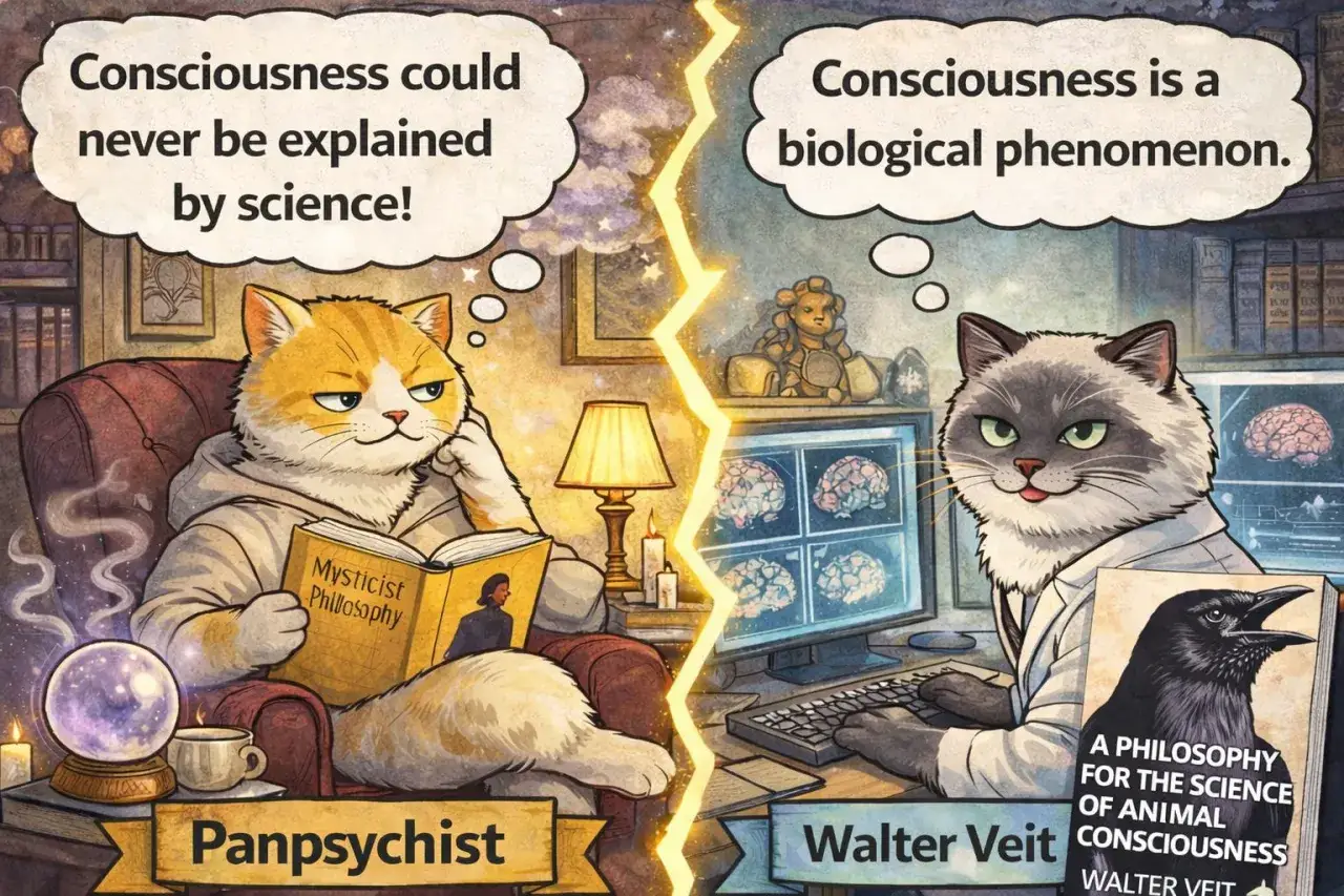 Zwei Katzen diskutieren, ob Tiere eine Seele haben. Links ein Panpsychist, rechts ein Wissenschaftler.
