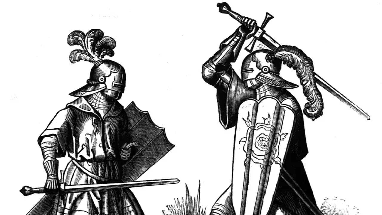 Zwei Ritter in voller Rüstung mit Federn auf den Helmen und Schwertern in den Händen. Ein Kampf, der zeigt, wie man Ritter wurde.