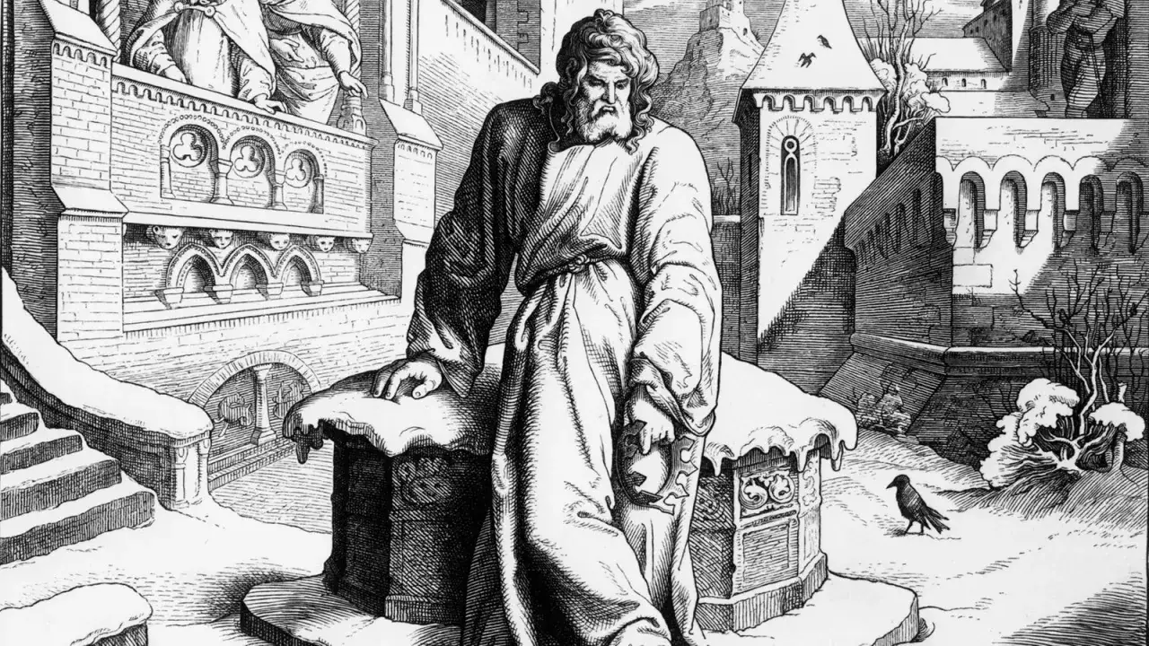 Ein Mann mit Bart, der an Heinrich IV. erinnert, steht im Schnee vor einer Burg. Ein Rabe sitzt auf dem Boden.