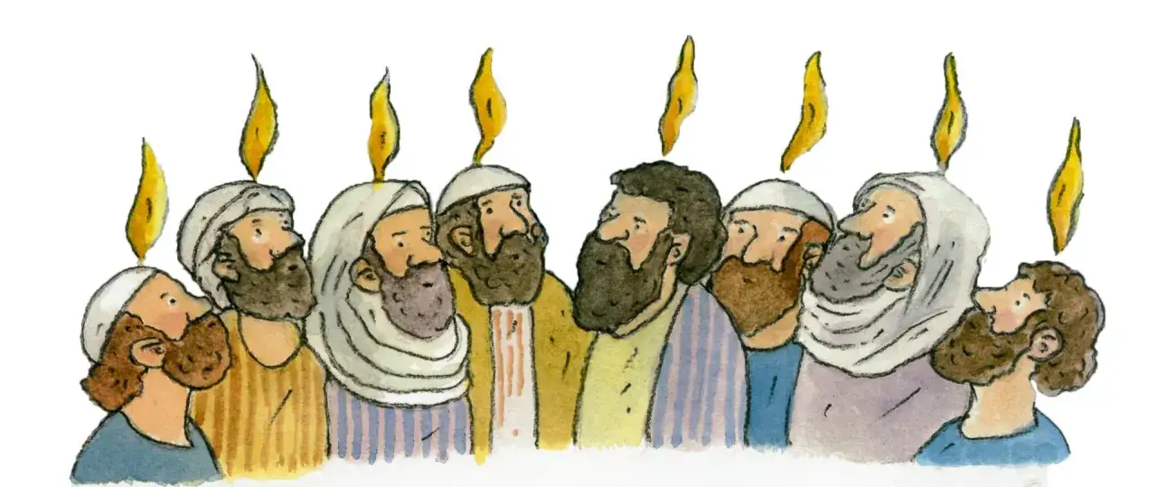Aquarellzeichnung von Männern mit Bärten, die nach oben schauen, während Flammen über ihren Köpfen schweben. Dies symbolisiert Pfingsten und den Heiligen Geist.