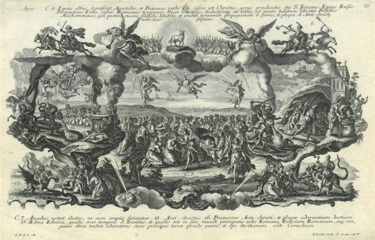 Engravur zeigt die Bedeutung des Antichristen, mit Engeln, Lämmern und Menschenmassen, die biblische Szenen darstellen.