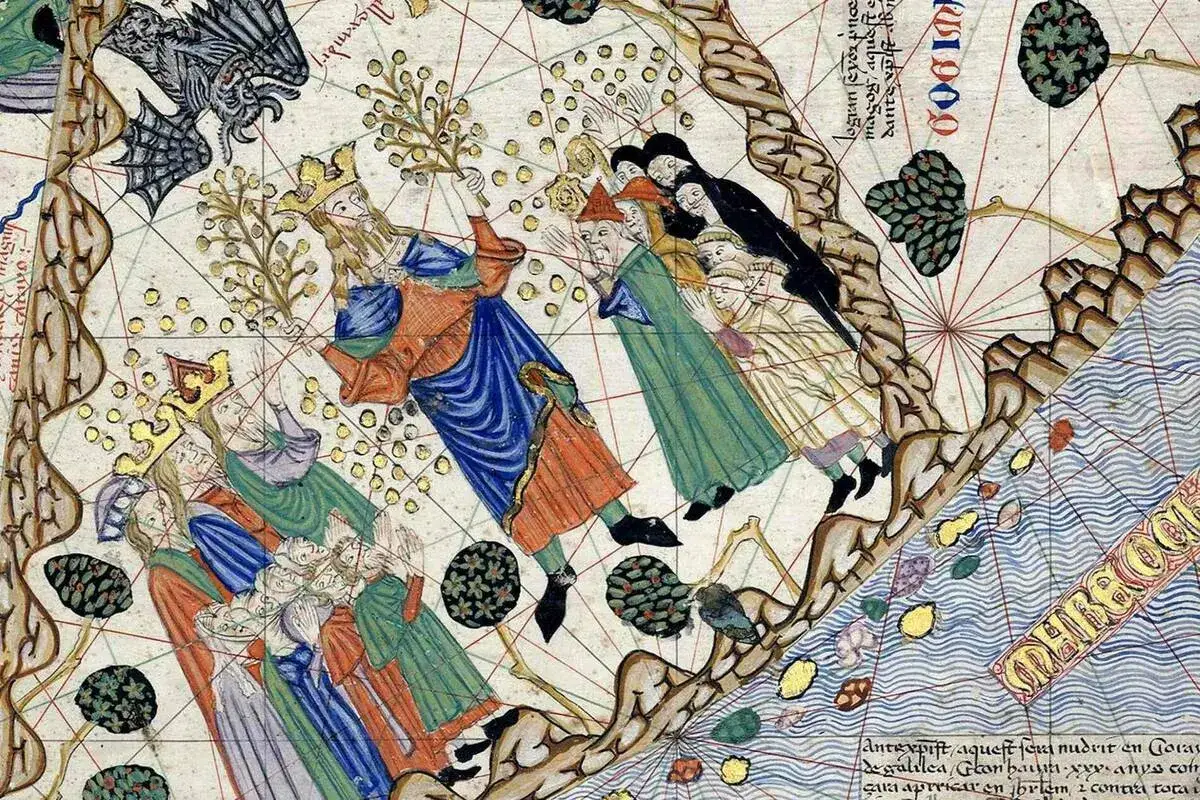 Mittelalterliche Karte zeigt eine Szene, die an den Antichristen aus der Bibel erinnert, mit Figuren, die sich versammeln, und einem Drachen.