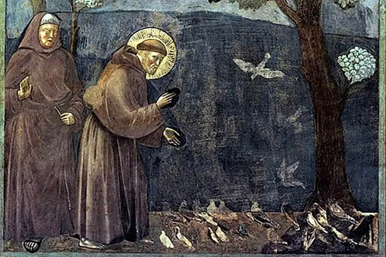 Franziskus, der Schutzpatron der Tiere, füttert Vögel. Ein weiterer Mönch steht daneben.