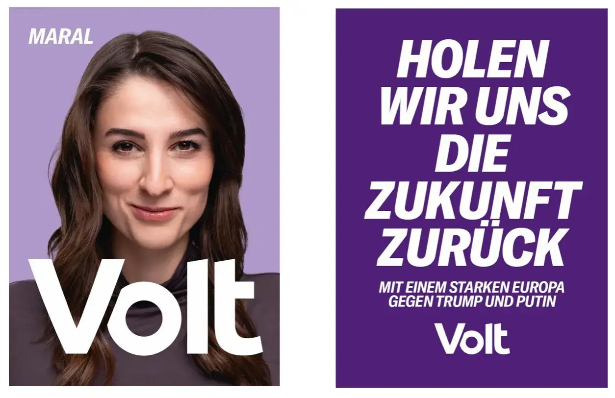 Volt-Partei: Maral lächelt, während daneben steht: