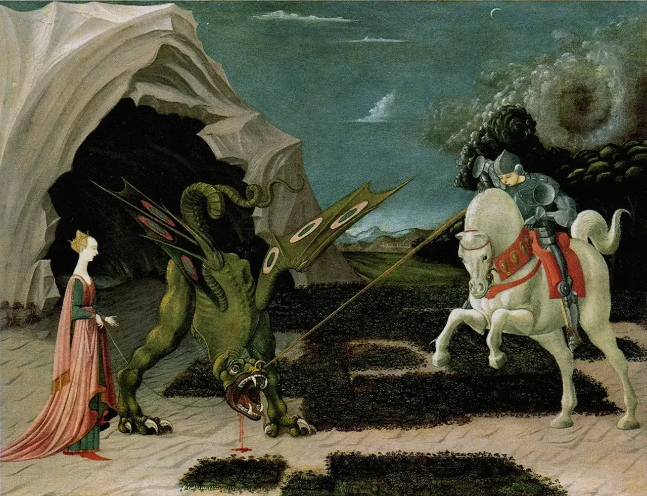 Ein Ritter auf einem weißen Pferd kämpft gegen einen grünen Drachen. Eine Prinzessin steht daneben. Der gott des krieges scheint hier die Szene zu beobachten.